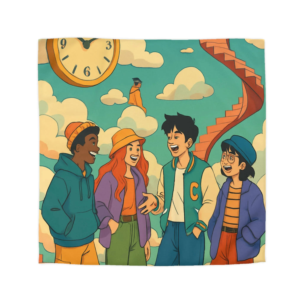 Housse de couette jeune amis rient sous escalier nuages horloge ciel bleu