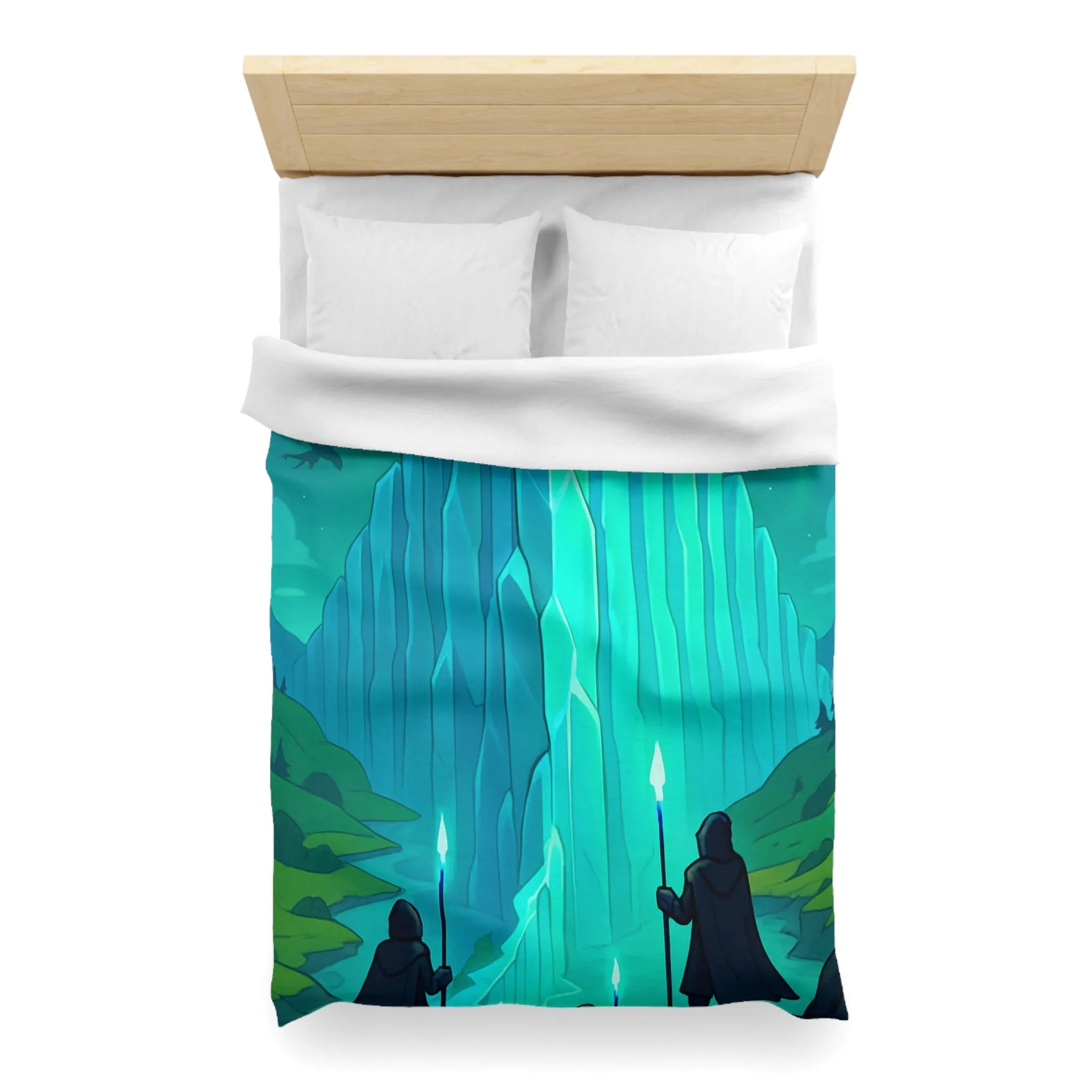 Housse de couette fantastique avec cristal géant et silhouettes de dragons au crépuscule