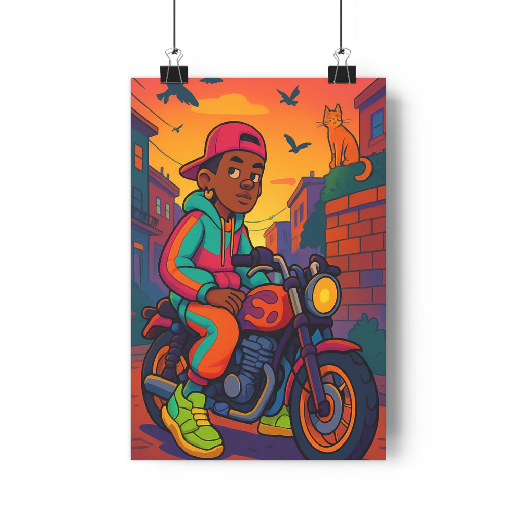 Poster décoratif moderne dessin animé coloré urbain coucher soleil chambre salon jeune homme moto