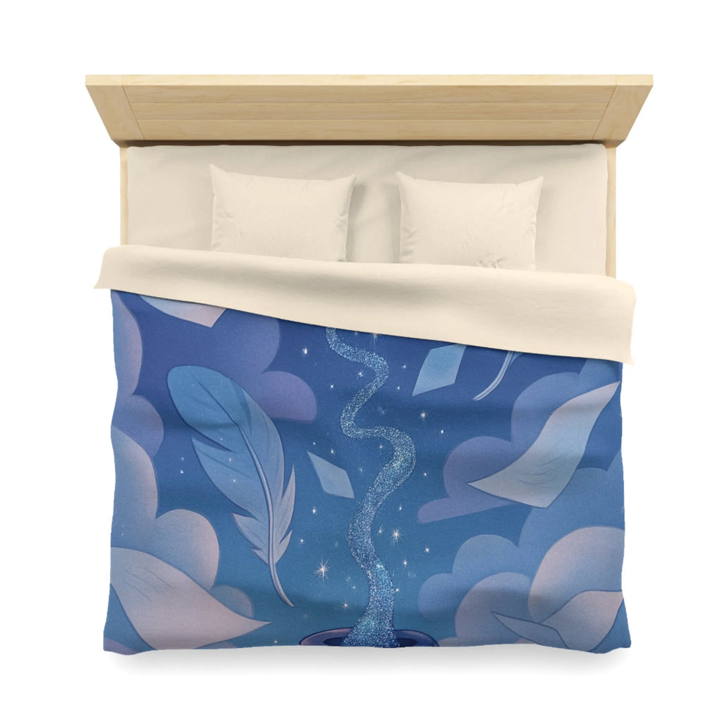 Housse de couette magique avec encre flottante, plumes et nuages rêveurs bleutés