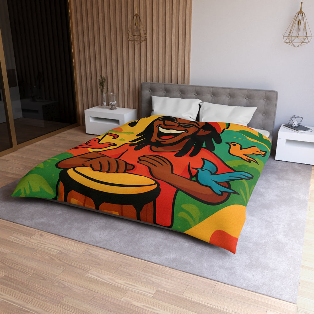 Housse de couette vibrante arc-en-ciel reggae avec tambour, palmiers et oiseaux colorés