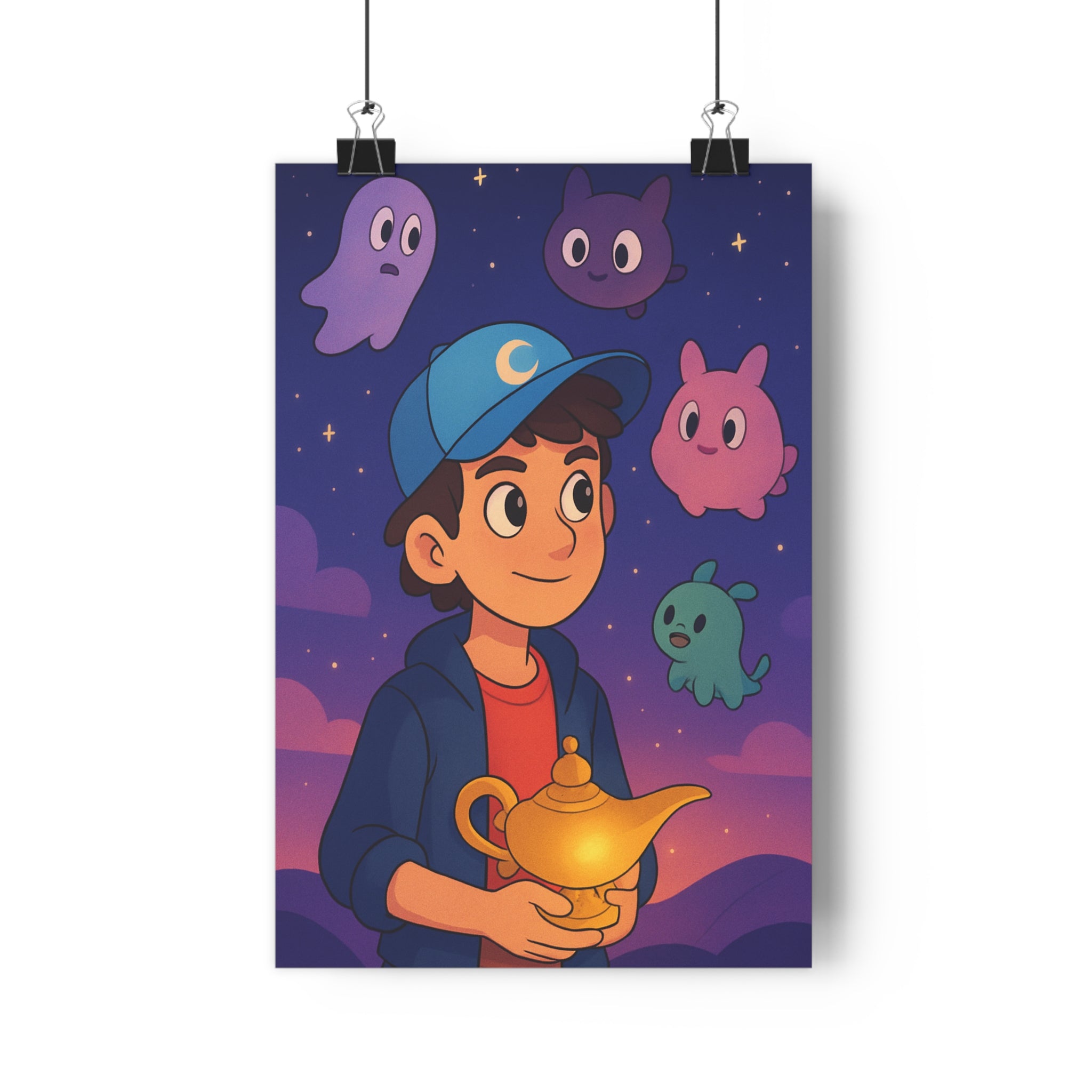 Poster décoratif enfant cartoon bleu rose magique rêve fantaisie chambre créatif étoilé ambiance garçon