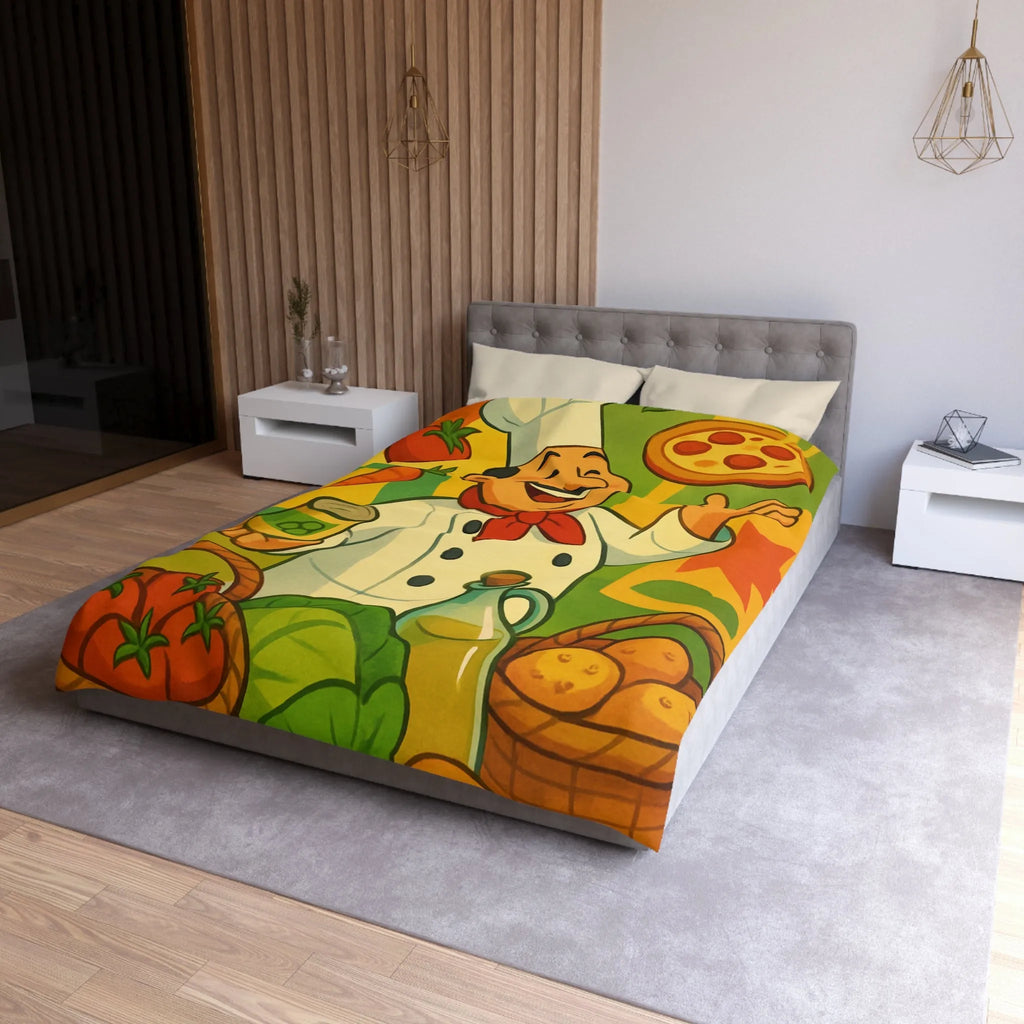 Housse de Couette Illustrée de Chef Heureux avec légumes et Pizza Méditerranéenne Colorée