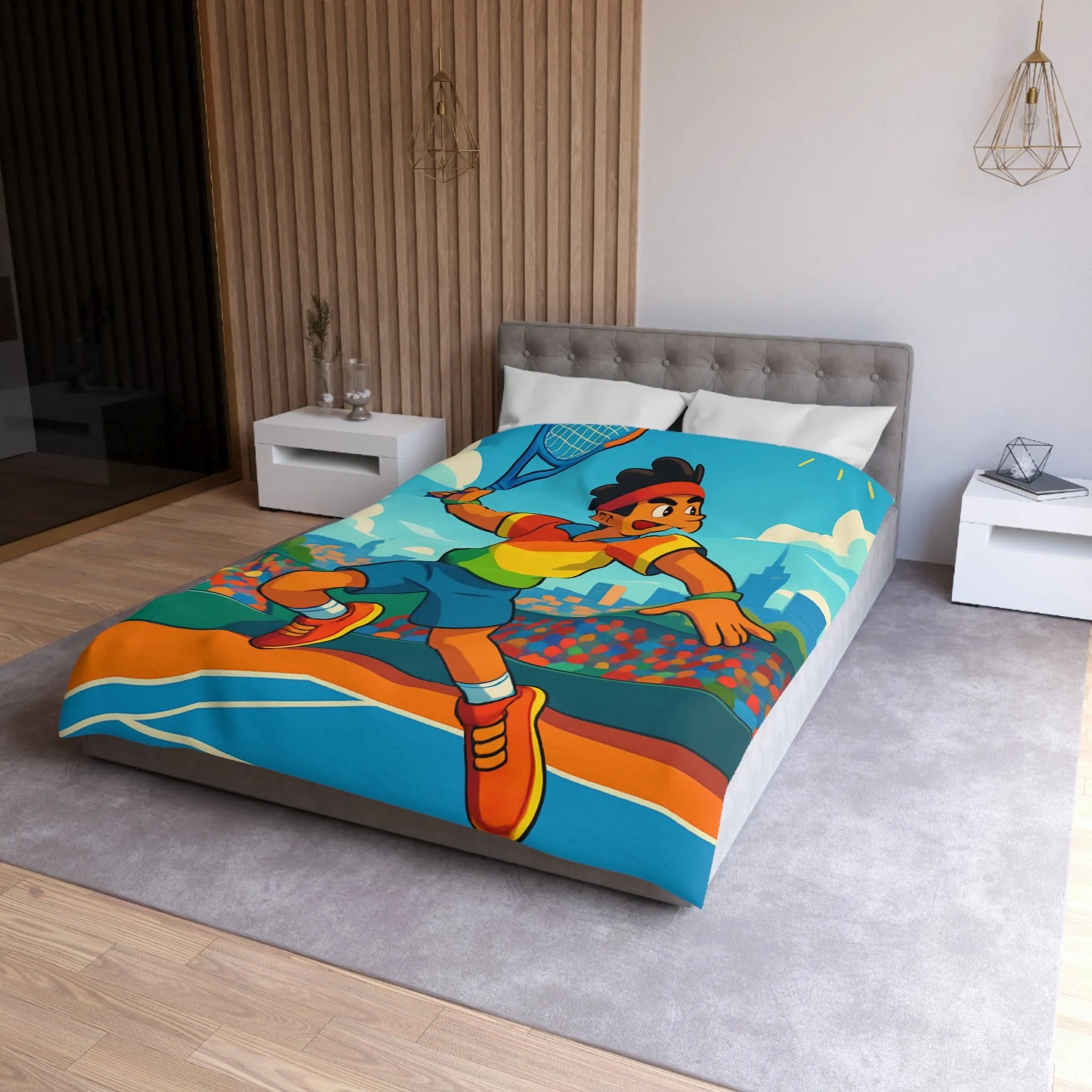 Housse de couette colorée avec joueur de tennis sautant en plein match estival