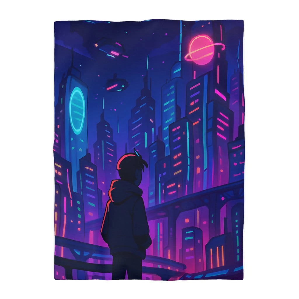 Housse de couette futuriste avec skyline néon vibrant et silhouette étoilée