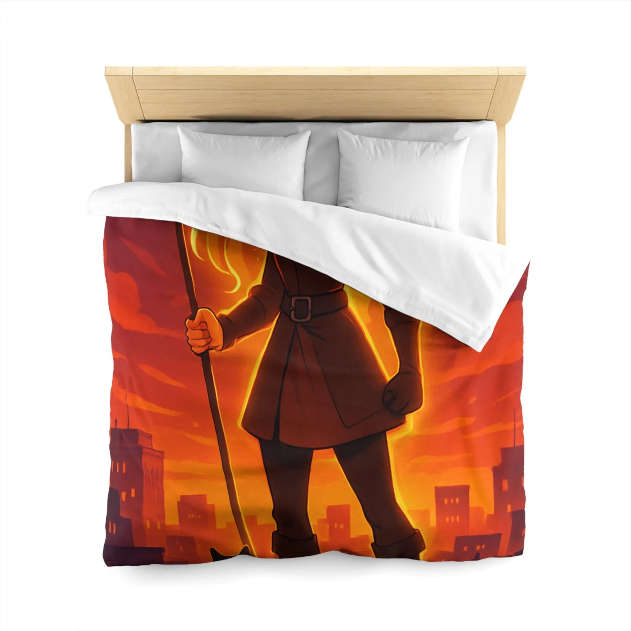 Housse de Couette Fantaisie Aventureuse Avec Guerrière et Chat Noir Sur Fond Urbain