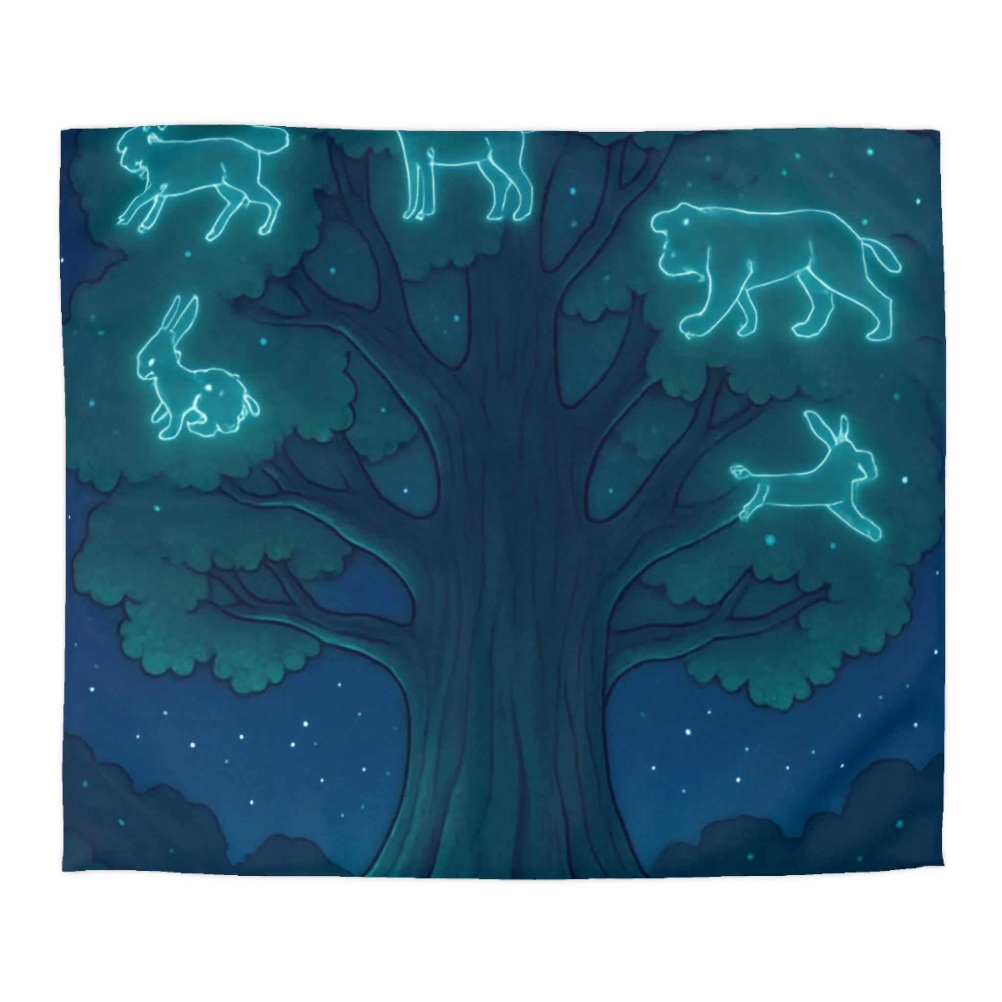 Housse de couette étoilée avec animaux lumineux sous un grand arbre mystique