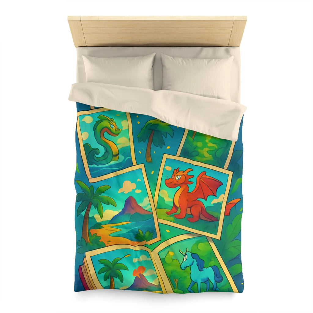 Housse de couette avec illustrations magiques de dragons, licornes et paysages enchanteurs