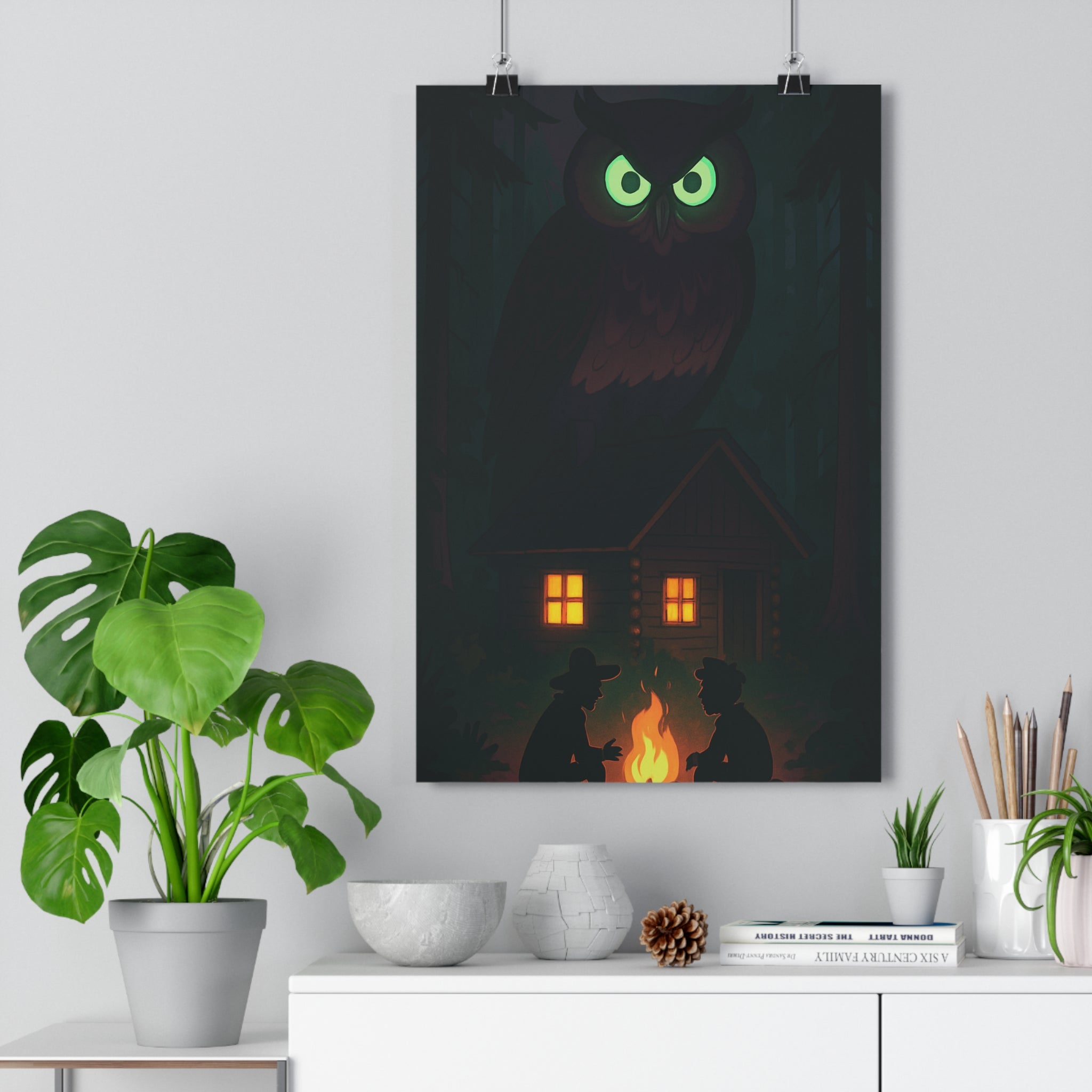 Poster décoratif cartoon forêt enchantée mystique ambiance captivante chambre salon enfant lumière silhouette hibou