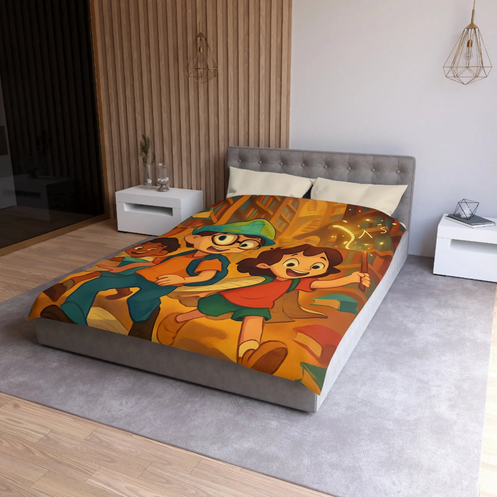 Housse de couette magique avec enfants explorant une bibliothèque enchantée et livres volants