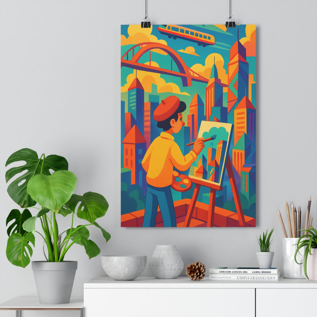 Poster décoratif cubiste orange bleu jaune salon bureau dynamique artistique urbain moderne animation 30x46