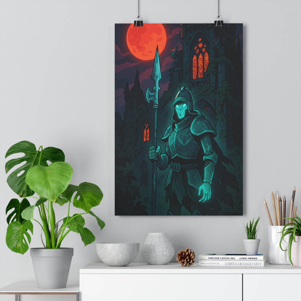 Poster décoratif gothique mystique chevalier fantomatique rouge noir lune ancienne chambre tendance ambiance captivante