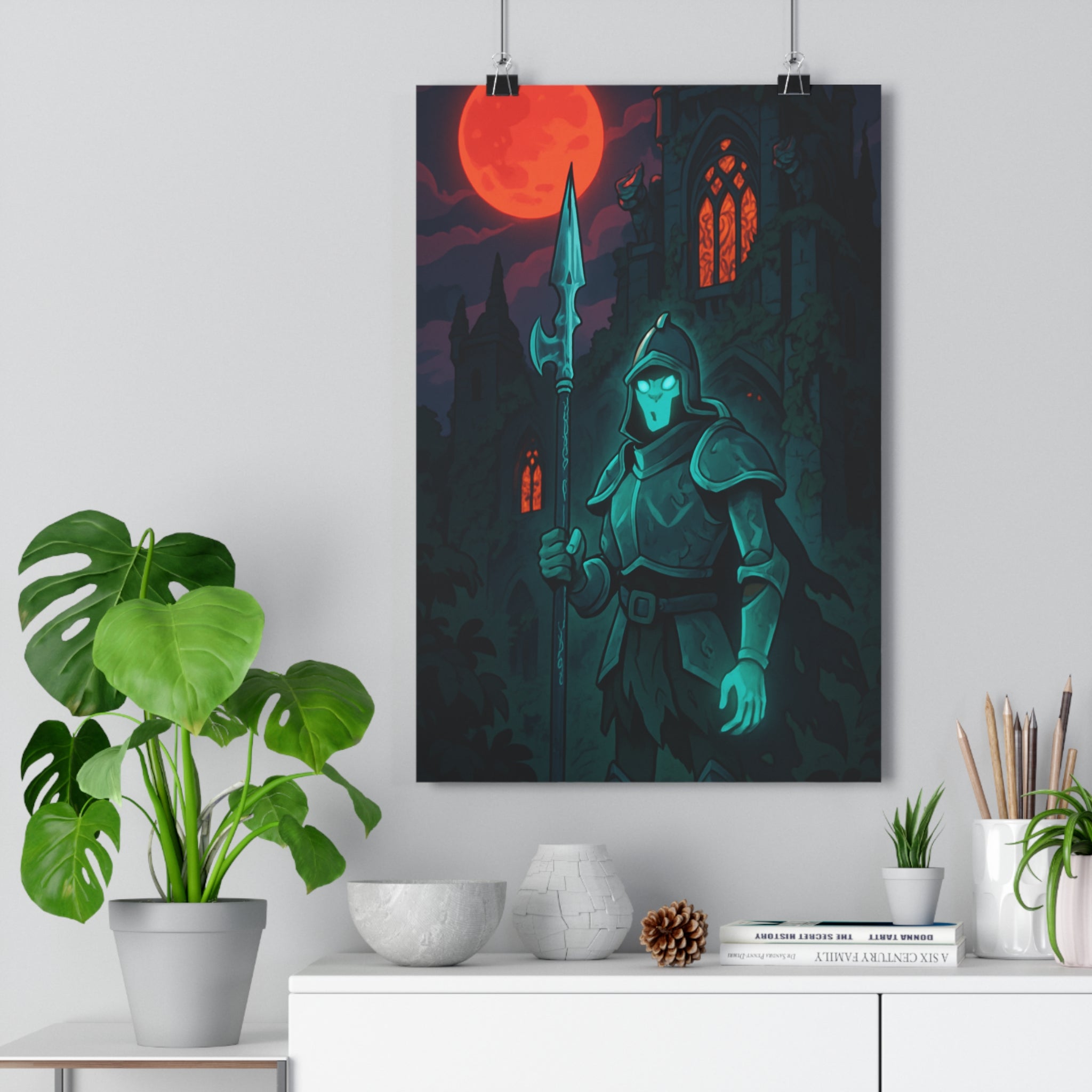 Poster décoratif gothique mystique chevalier fantomatique rouge noir lune ancienne chambre tendance ambiance captivante