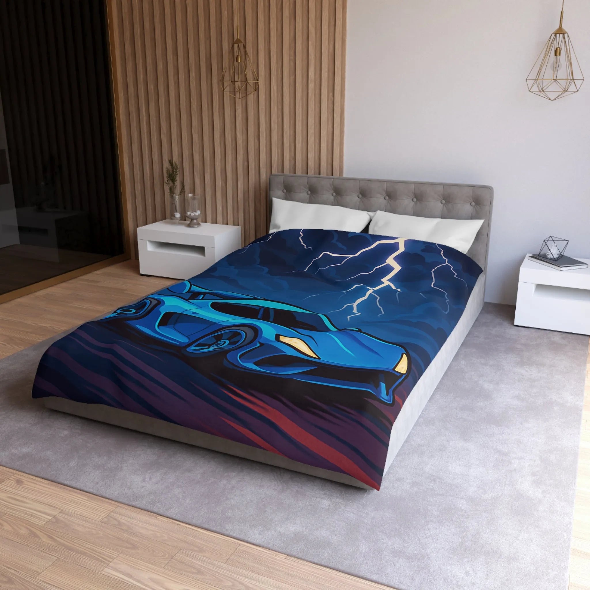 Housse de couette bleue supercar avec éclair ciel dramatique pour chambre moderne