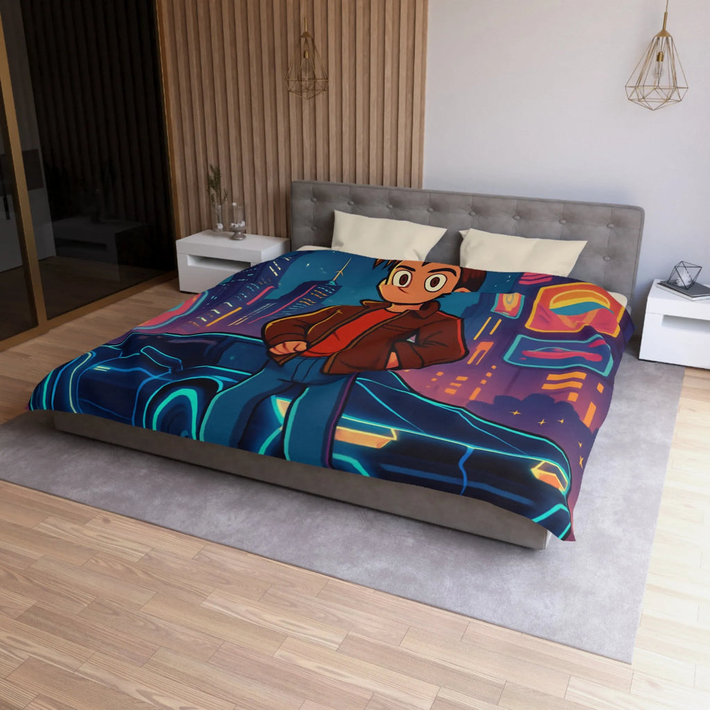 Housse de Couette Future Enfant Ville Nocturne Néons Jeune Garçon et Voiture