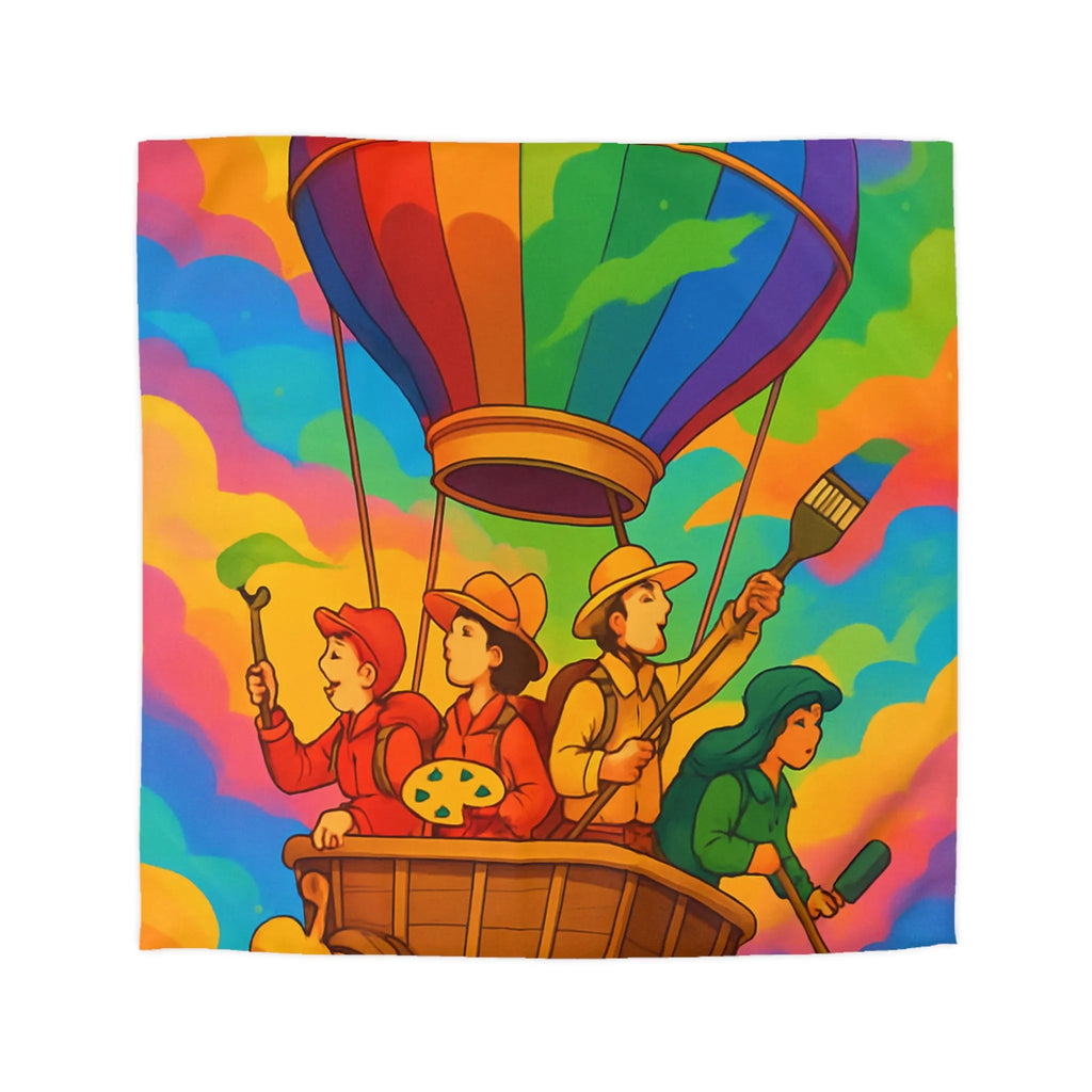 Housse de couette colorée avec montgolfière et artistes dans un ciel vibrant