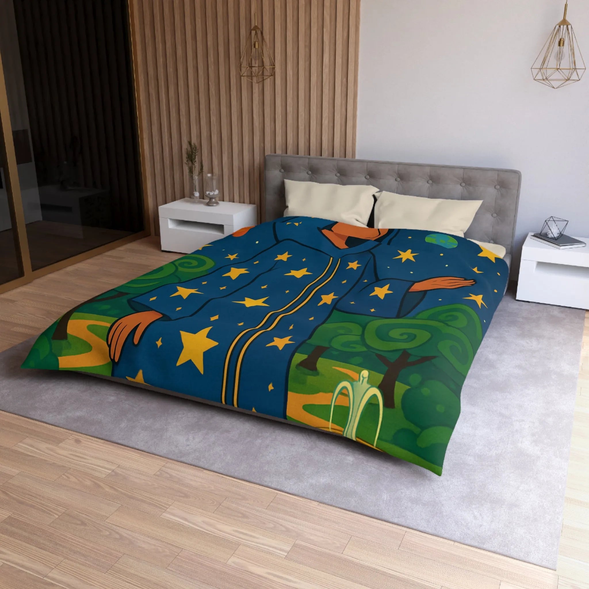 Housse de couette étoilée avec personnage mystique sous ciel galactique et nature luxuriante