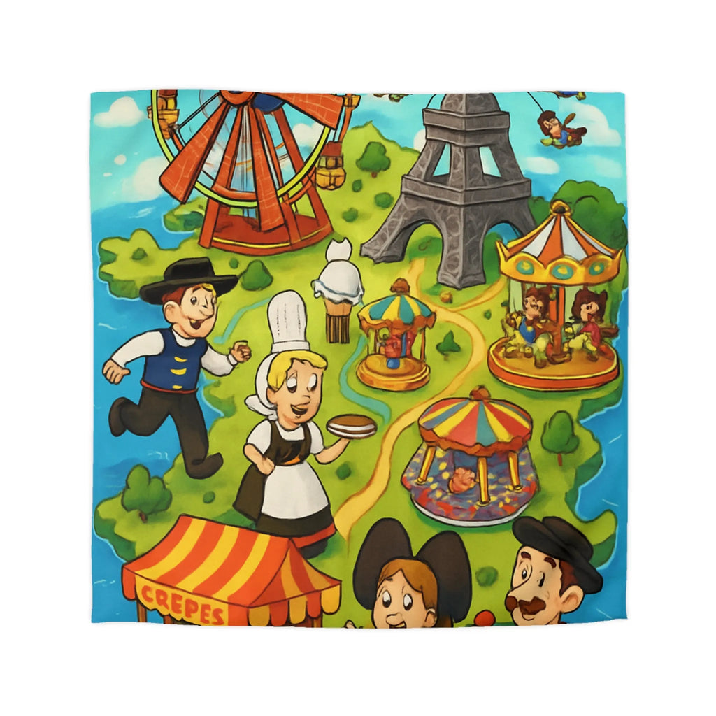 Housse de couette illustrant l'amusement et la culture française dans un parc coloré