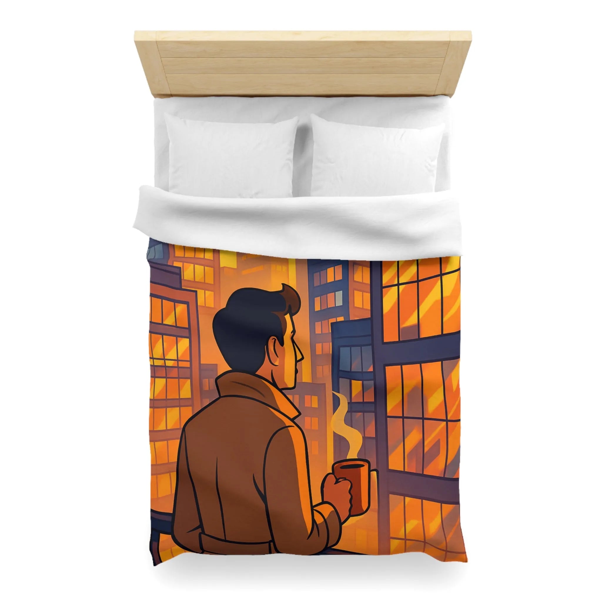 Housse de couette avec illustration urbaine au coucher de soleil et silhouette masculine