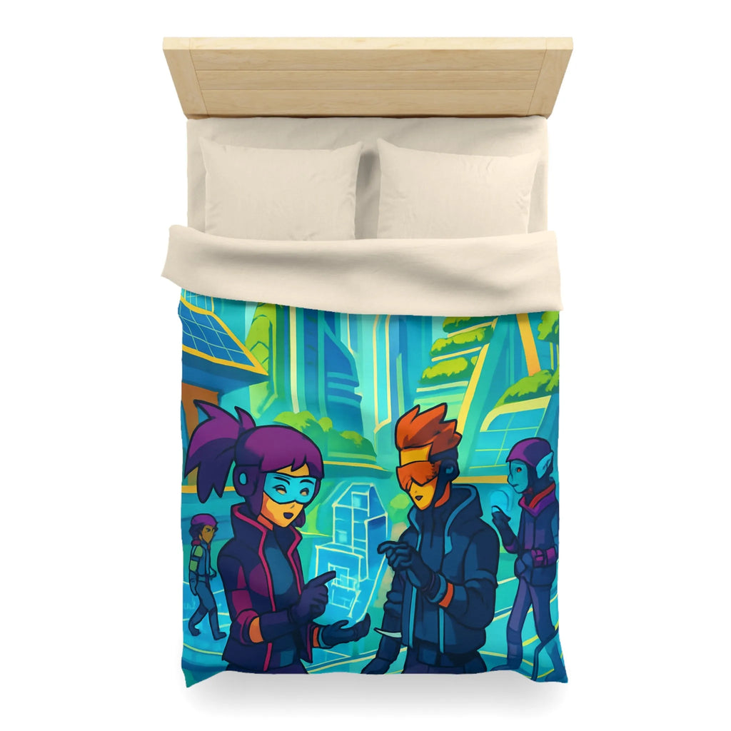 Housse de couette futuriste avec design coloré et thème urbain science-fiction moderne