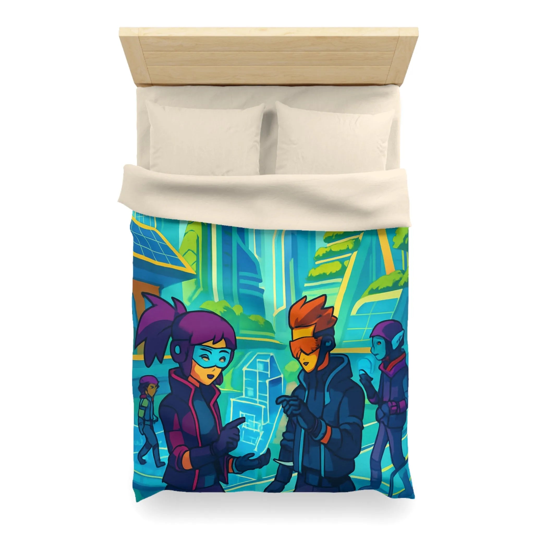 Housse de couette futuriste avec design coloré et thème urbain science-fiction moderne