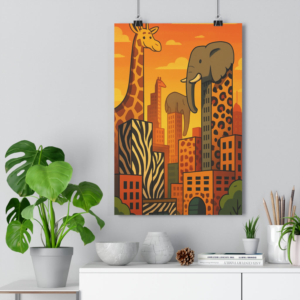 Poster décoratif cartoon orange jaune animaux urbain stylisé chaleureux salon chambre aventure unique qualité