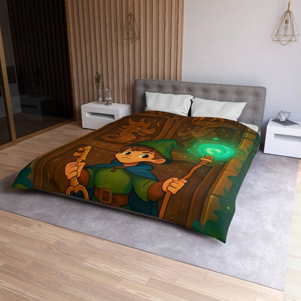 Housse de couette avec illustration enchantée de sorcier devant porte mystérieuse boisée