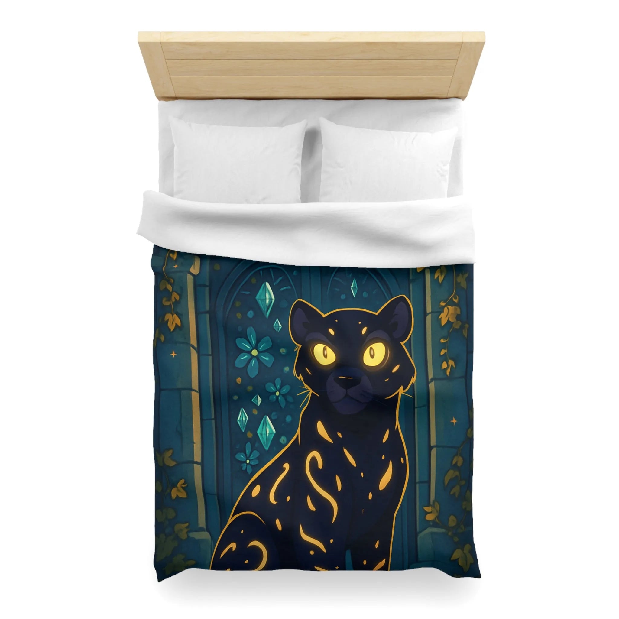 Housse de couette féline enchantée avec portail lunaire et arabesques dorées en forêt