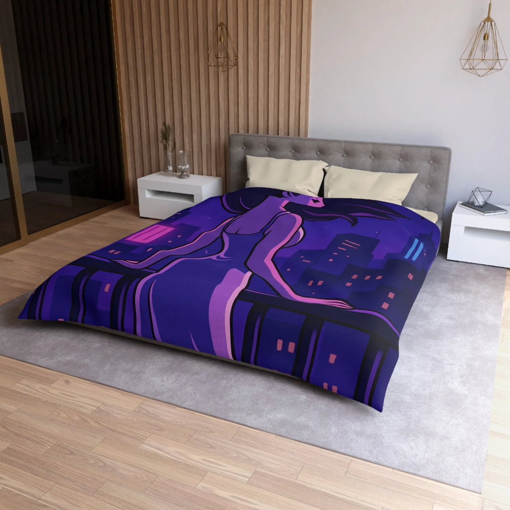 Housse de couette avec femme contemplant ville nocturne éclairée, style rétro futuriste animé