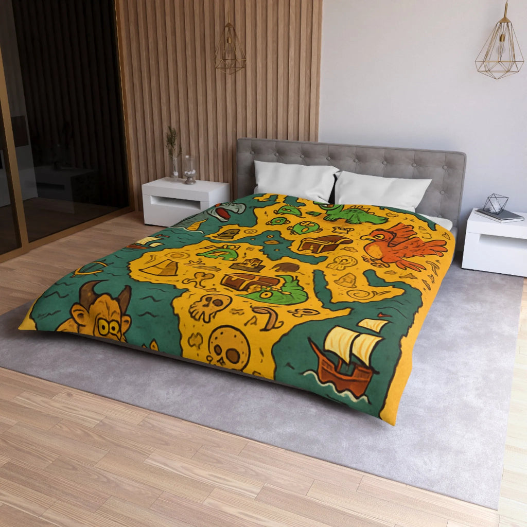 Housse de couette carte imaginaire avec dragons, dinosaures et trésors pour enfants aventuriers