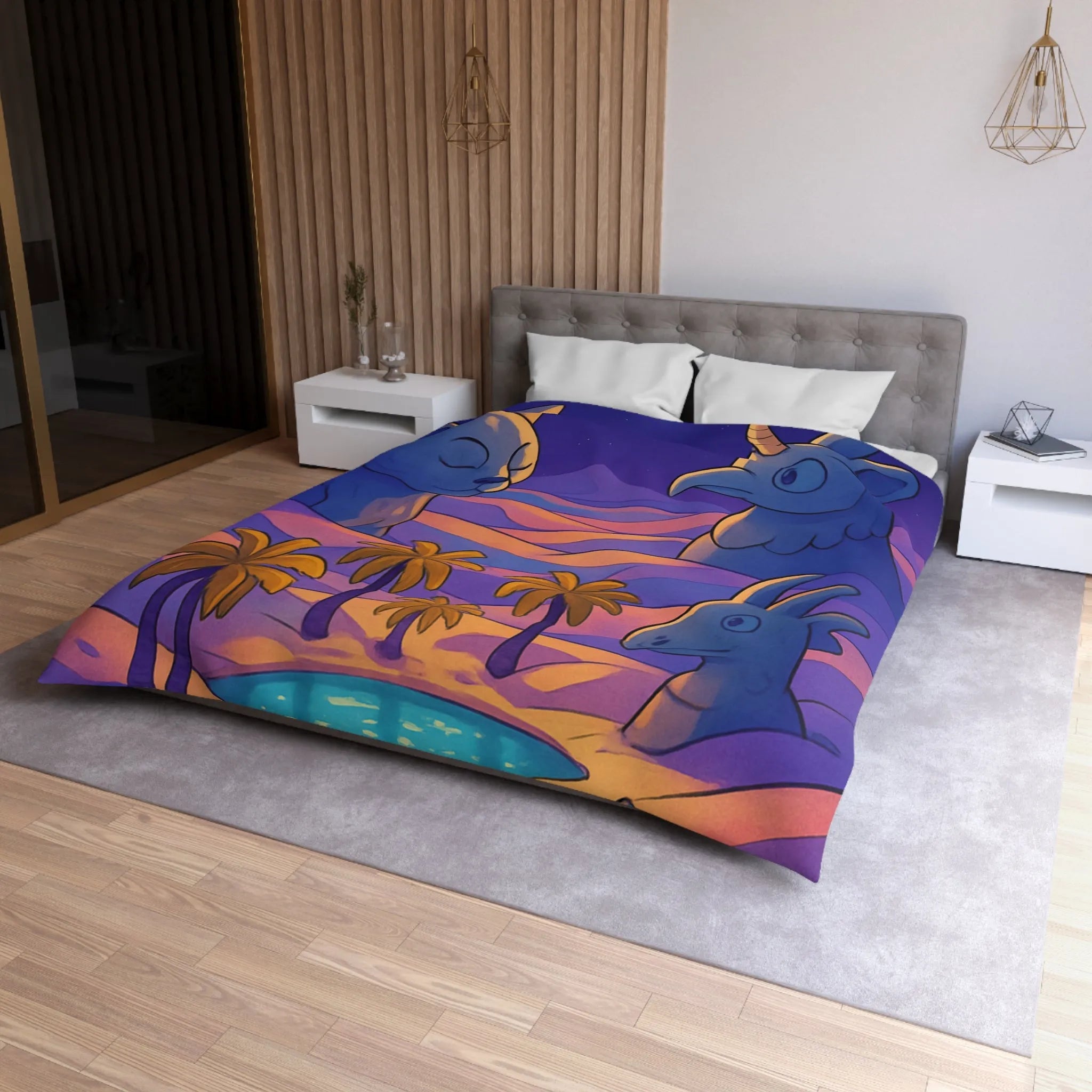 Housse de Couette Fantaisie Animaux Mystiques Sous Lune et Palmiers Étoilés
