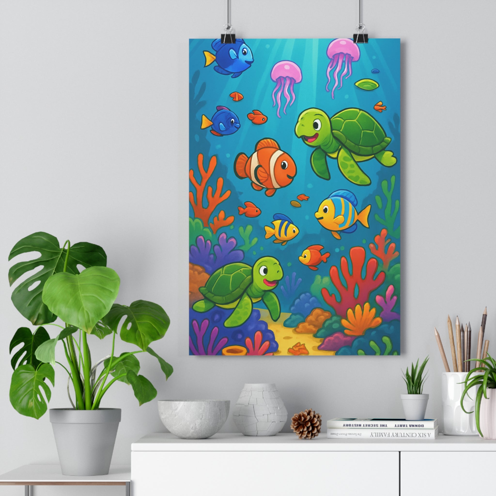 Poster décoratif sousmarin bleu corail cartoon joyeux enfant chambre tortues poissons 30x46 vibrant qualité