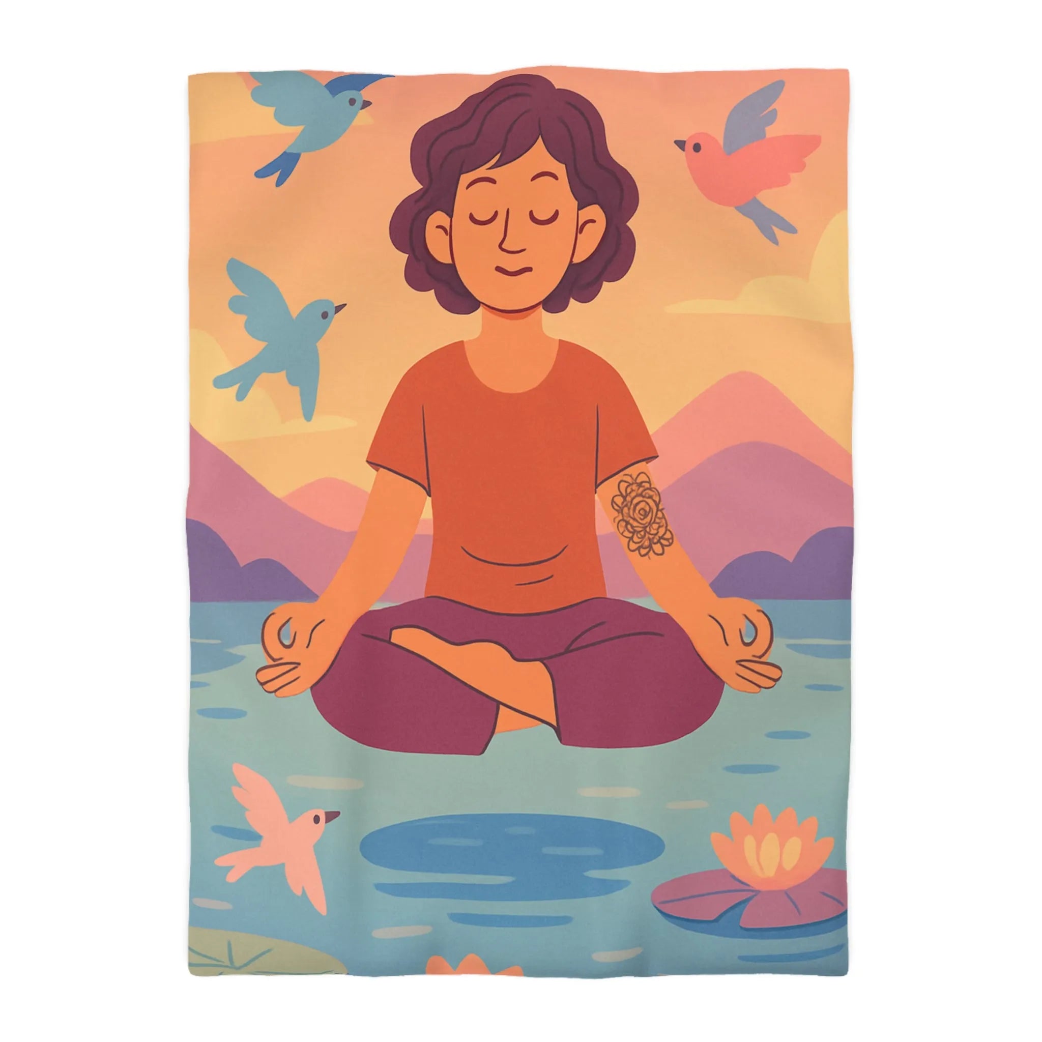 Housse de couette méditative avec motifs paisibles de nature et oiseaux colorés