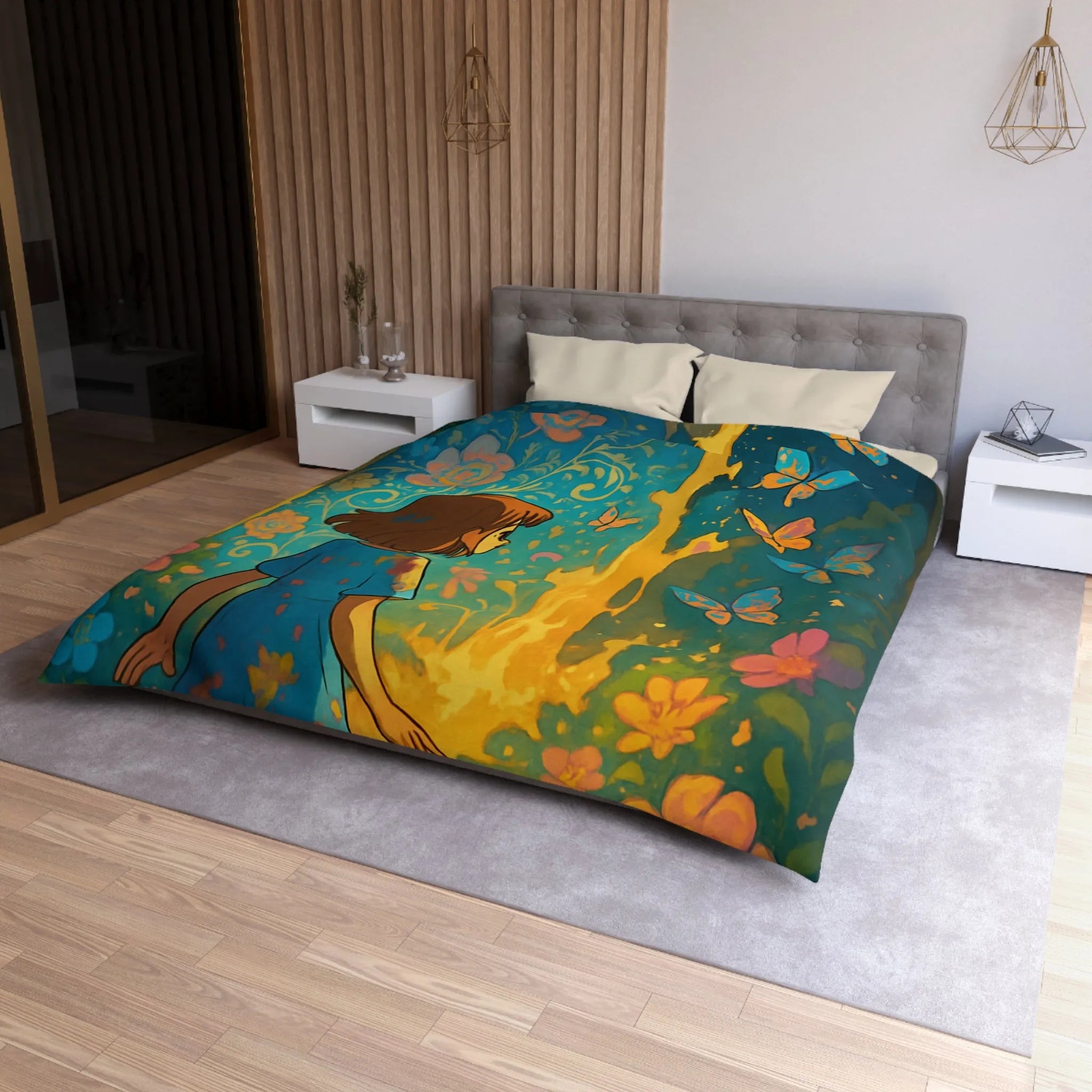 Housse de Couette Enfantine Féerique avec Papillons et Fleurs, Tons Vifs et Lumineux