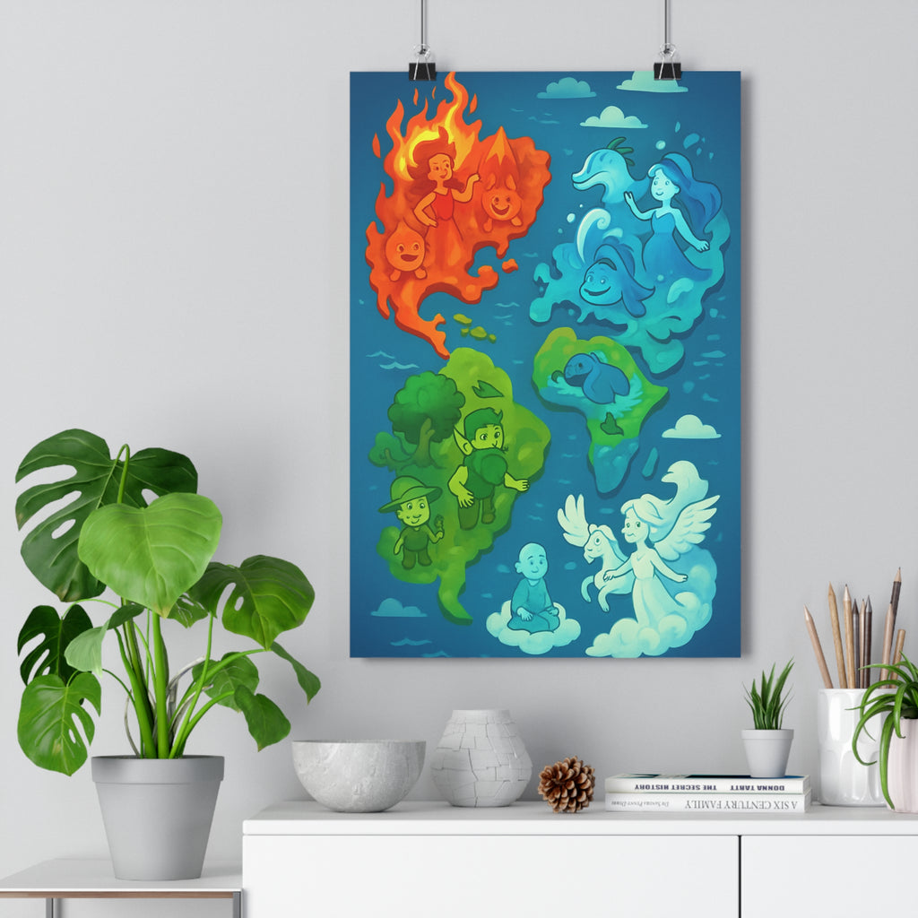 Poster décoratif carte monde animé feu eau terre air rouge bleu vert joyeux chambre