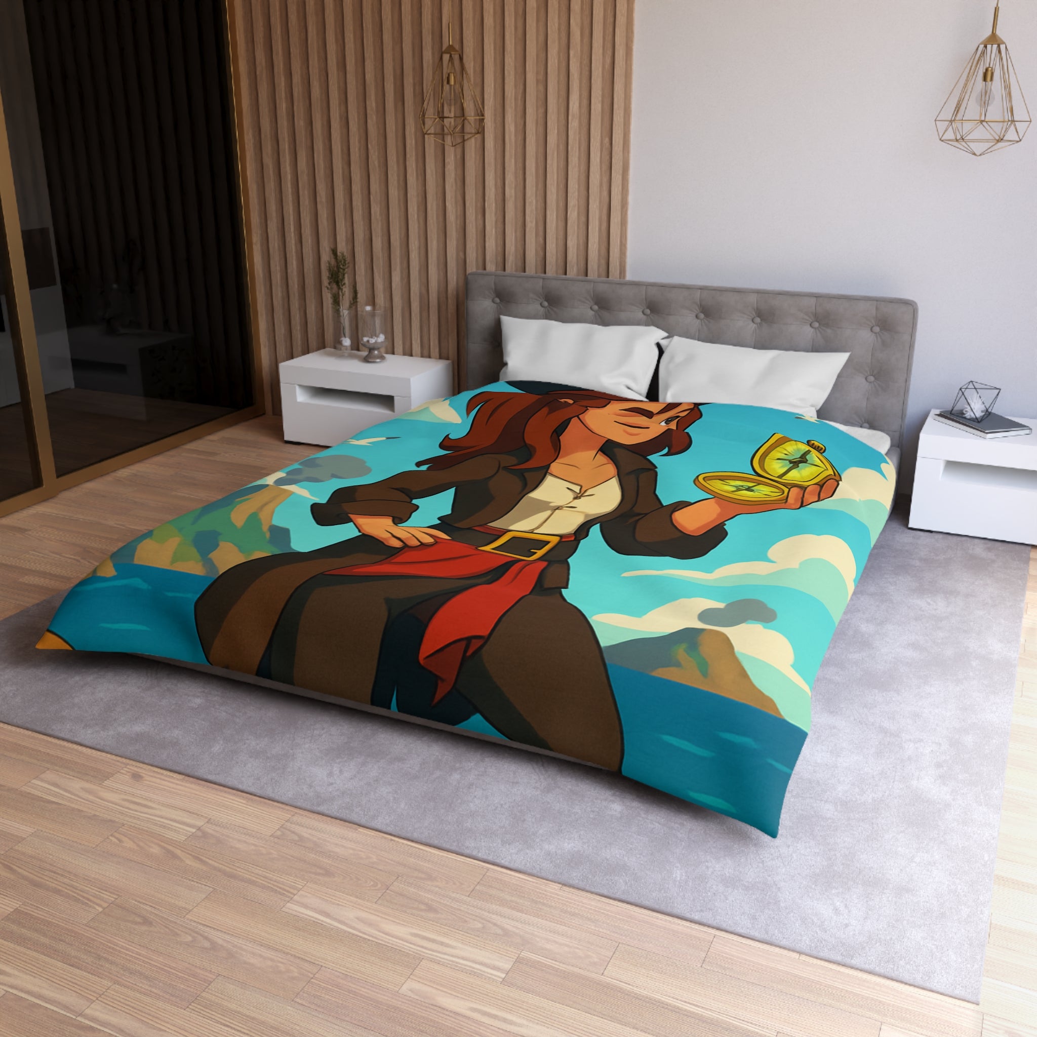 Housse de couette piraterie avec paysage maritime et aventurière avec boussole