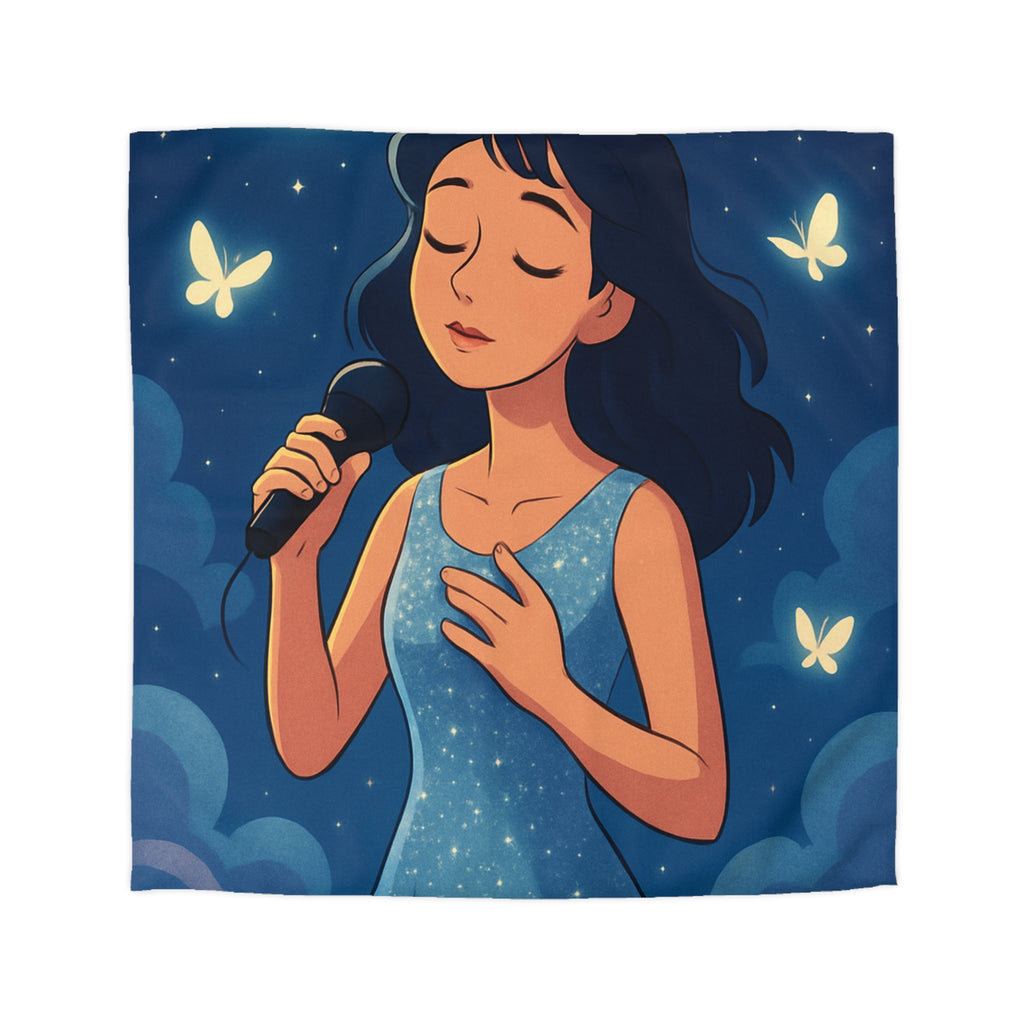 Housse de couette rêveuse avec chanteuse, papillons, lune et ciel étoilé bleu