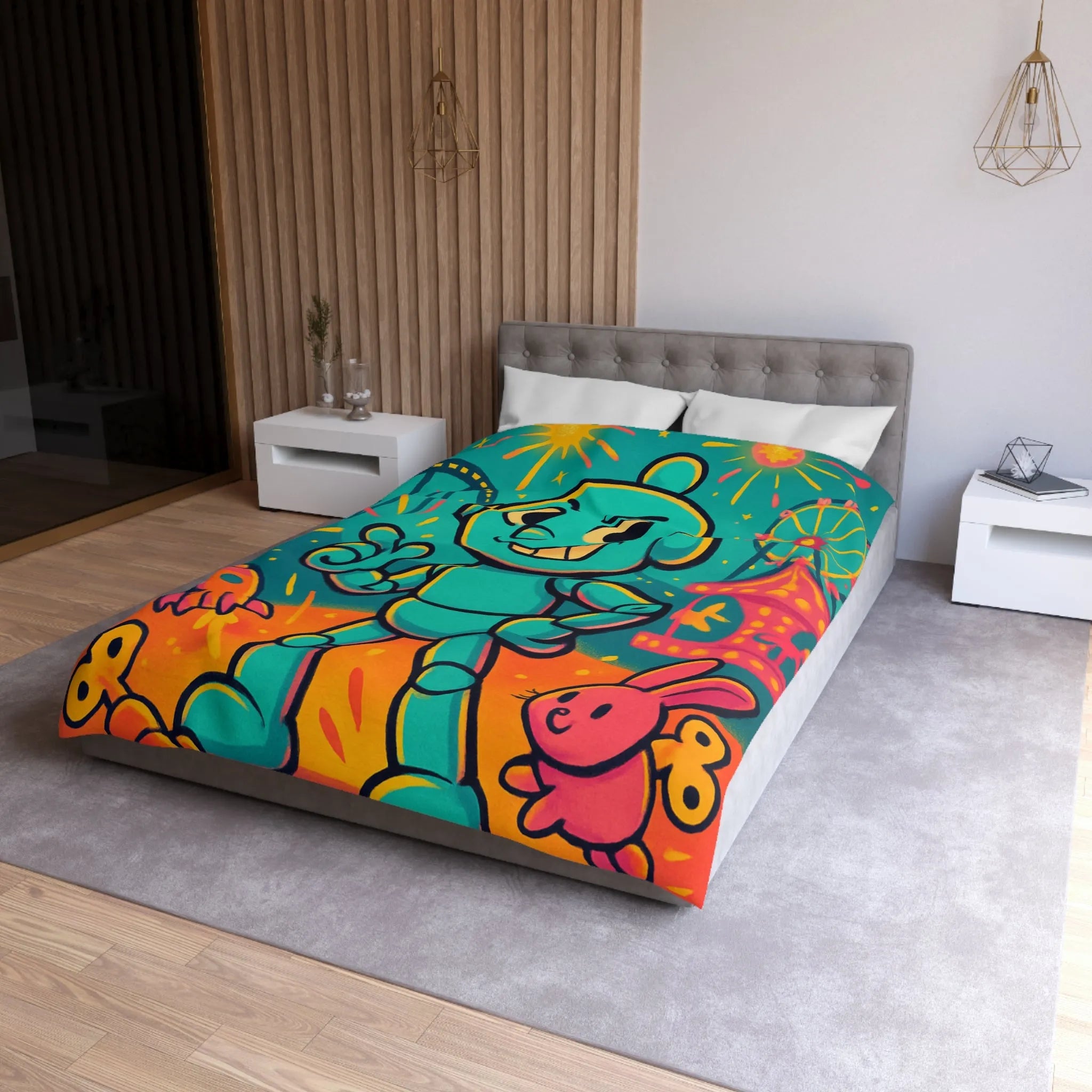 Housse de Couette Ludique avec Robot Jouet et Feux d’Artifice Multicolores pour Enfants