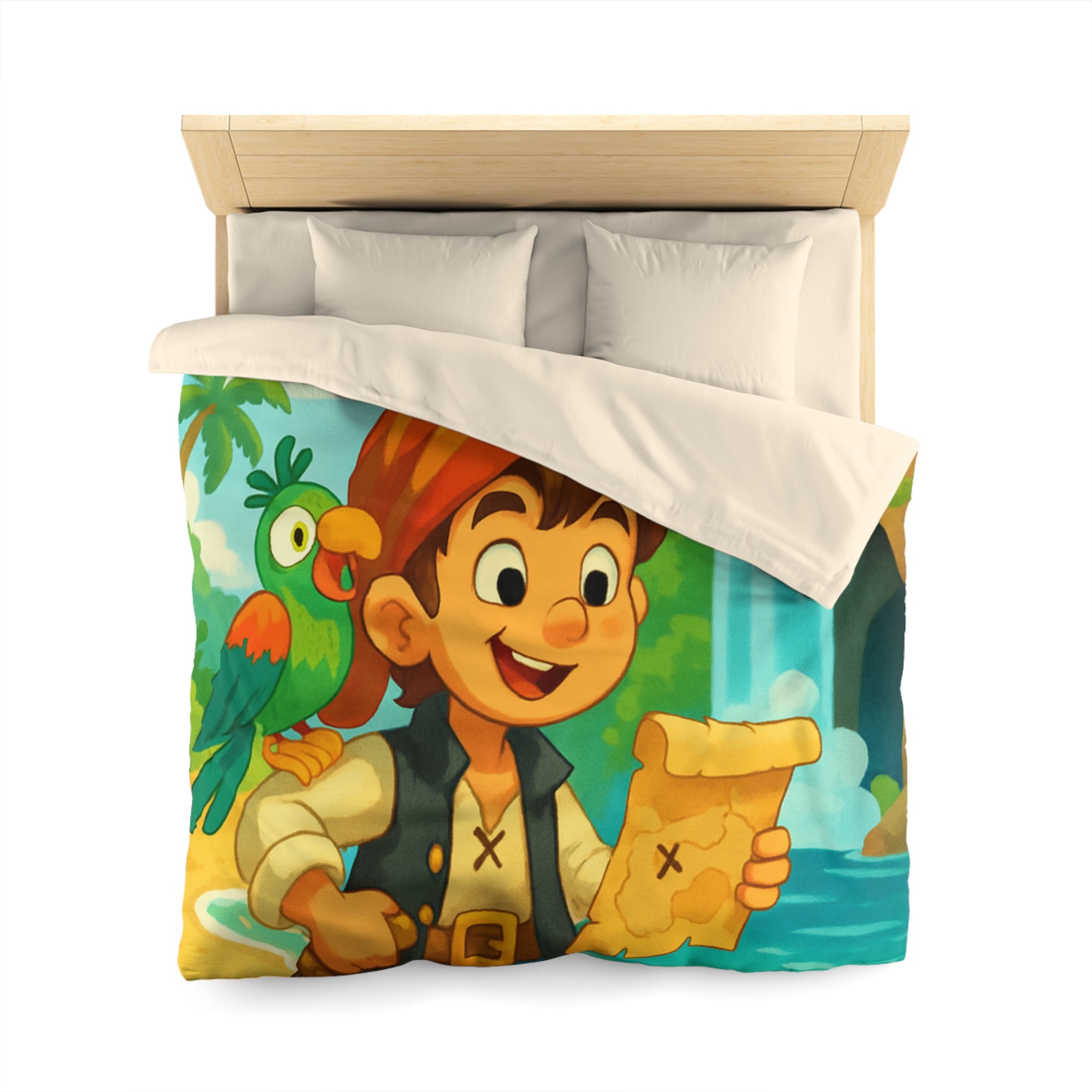 Housse de Couette Pirate Enfantine avec Perroquet, Carte au Trésor, Cascade et Plage