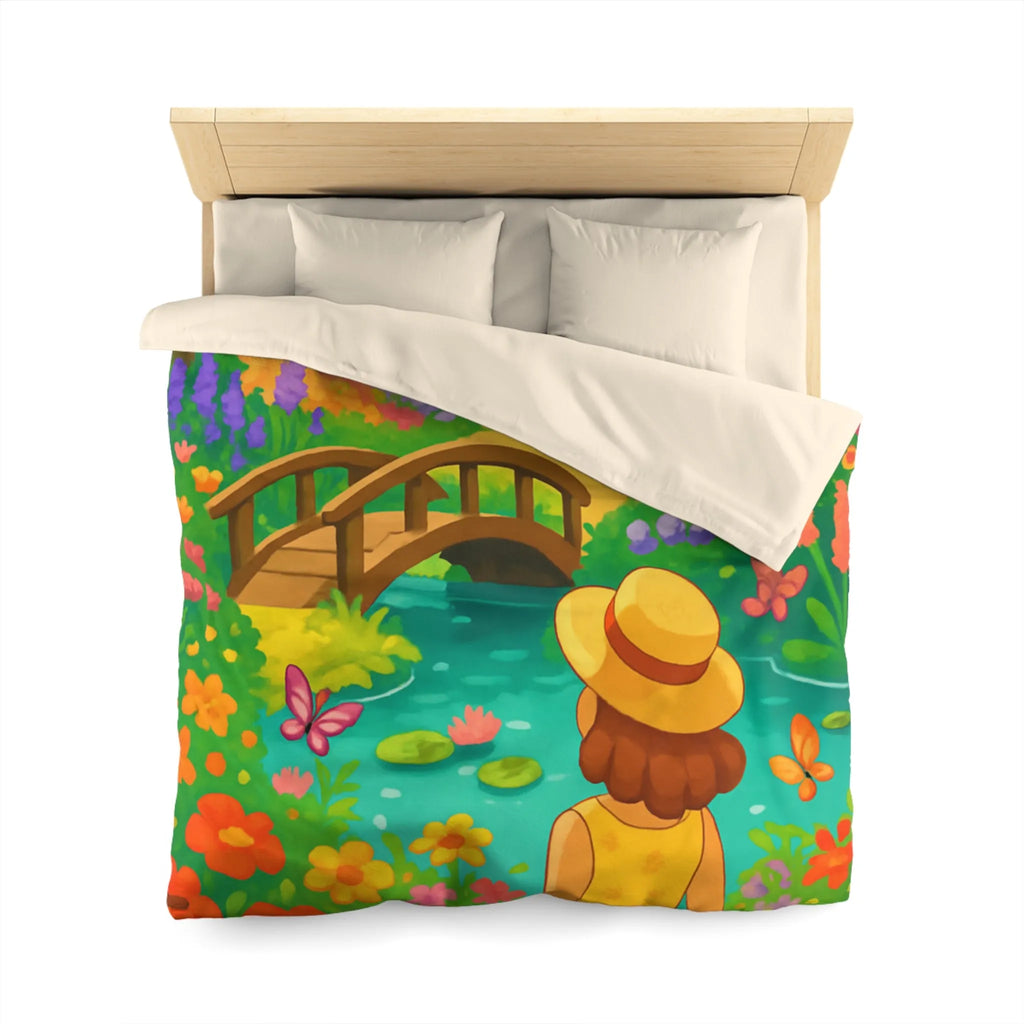 Housse de Couette Jardin Enchanté avec Pont et Papillons, Motif Vif et Coloré