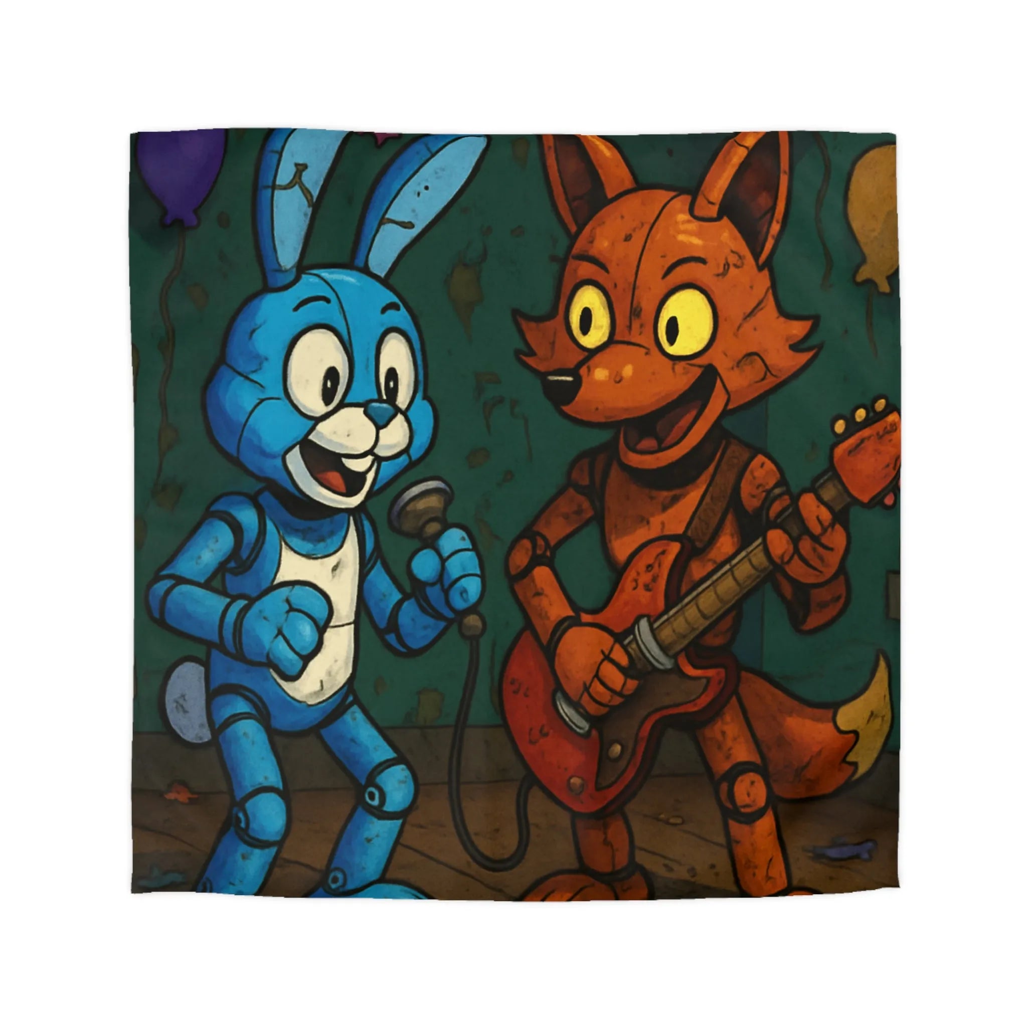 Housse de couette animaux robot bleue et orange sur scène avec décor festif