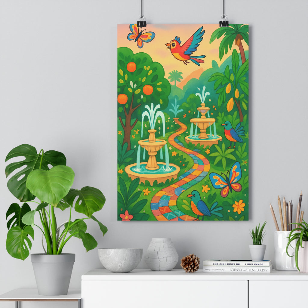 Poster décoratif jardin dessin animé vert bleu joyeux salon chambre nature exotique floral éclatant