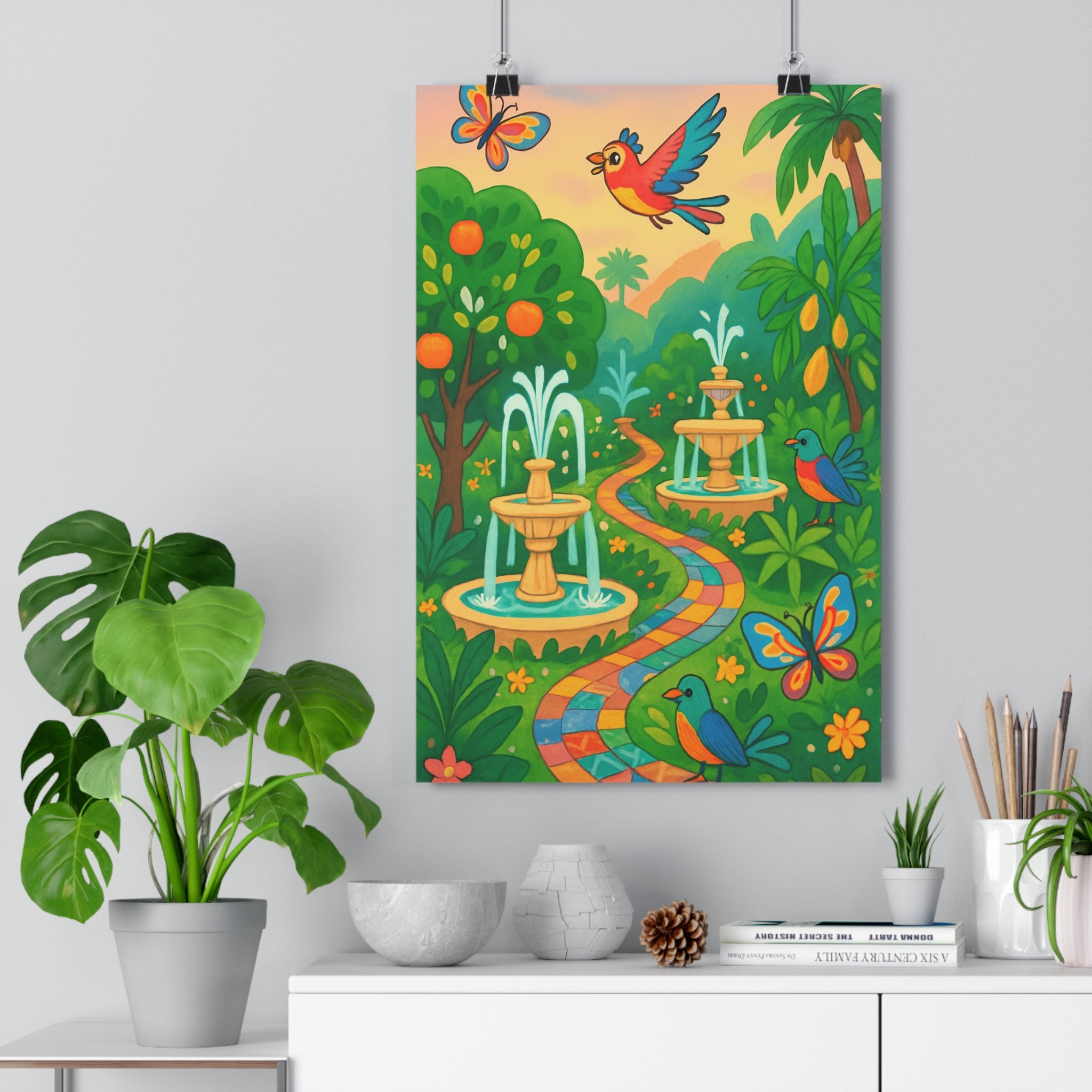 Poster décoratif jardin dessin animé vert bleu joyeux salon chambre nature exotique floral éclatant