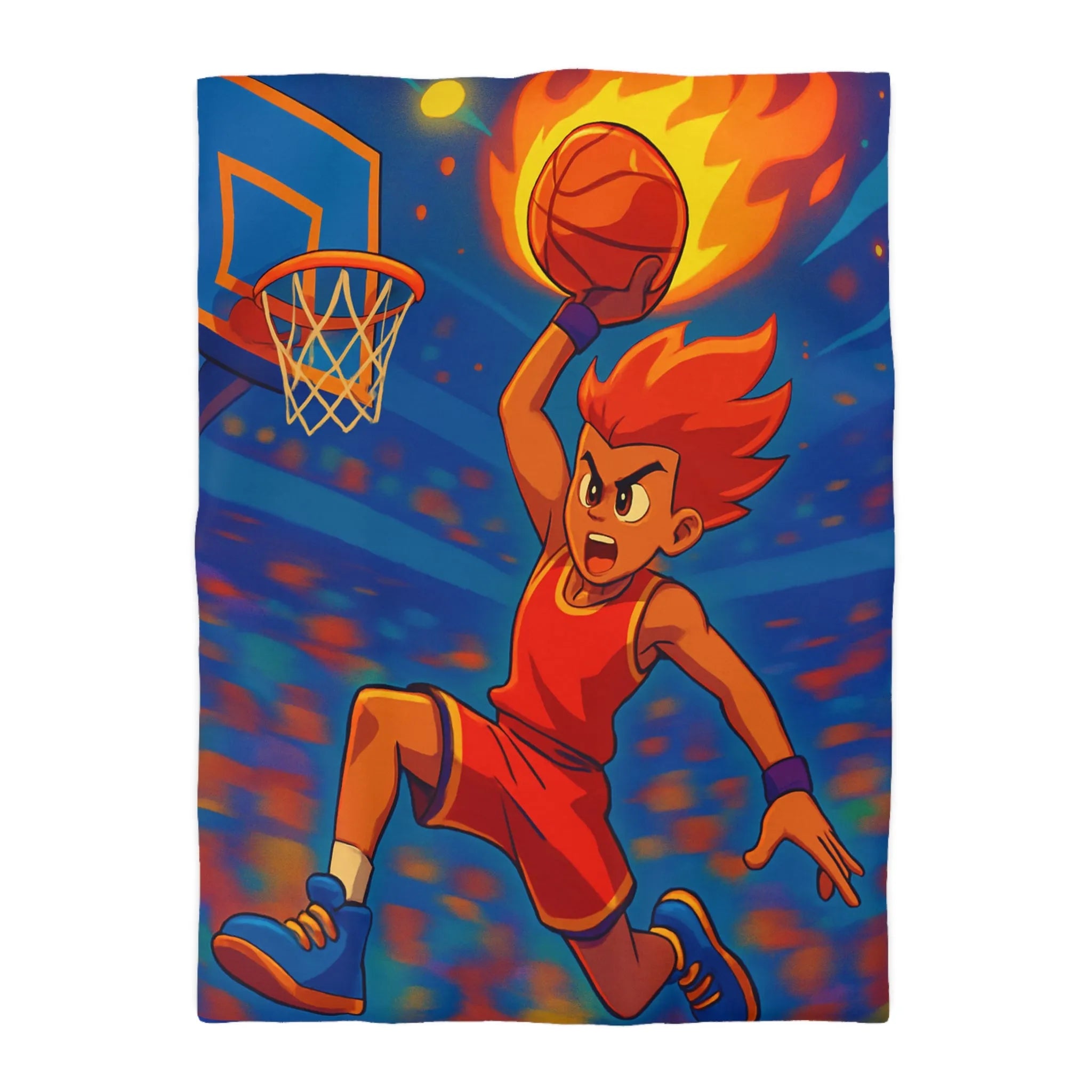Housse de couette garçon avec joueur de basketball enflammé dans un style animé vibrant