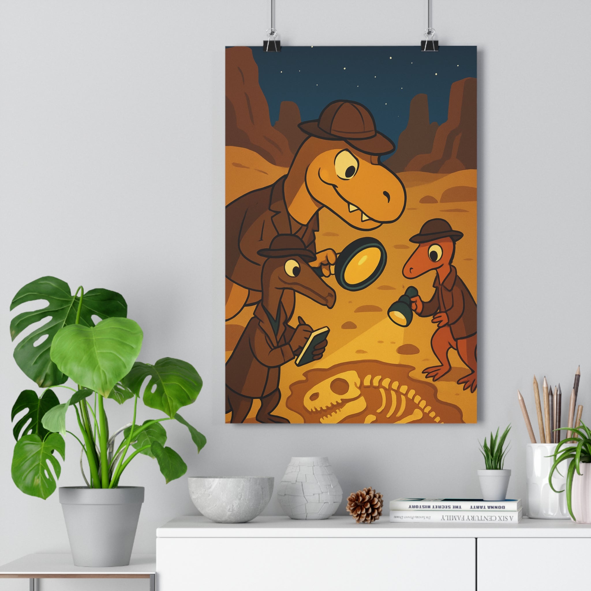 Poster décoratif cartoon dinosaures mystère nocturne désert étoilé ambiance enfant aventure chambre original unique