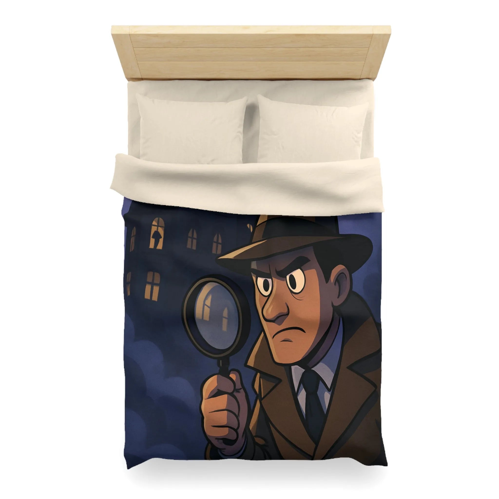 Housse de couette avec détective en enquête devant un manoir hanté mystérieux