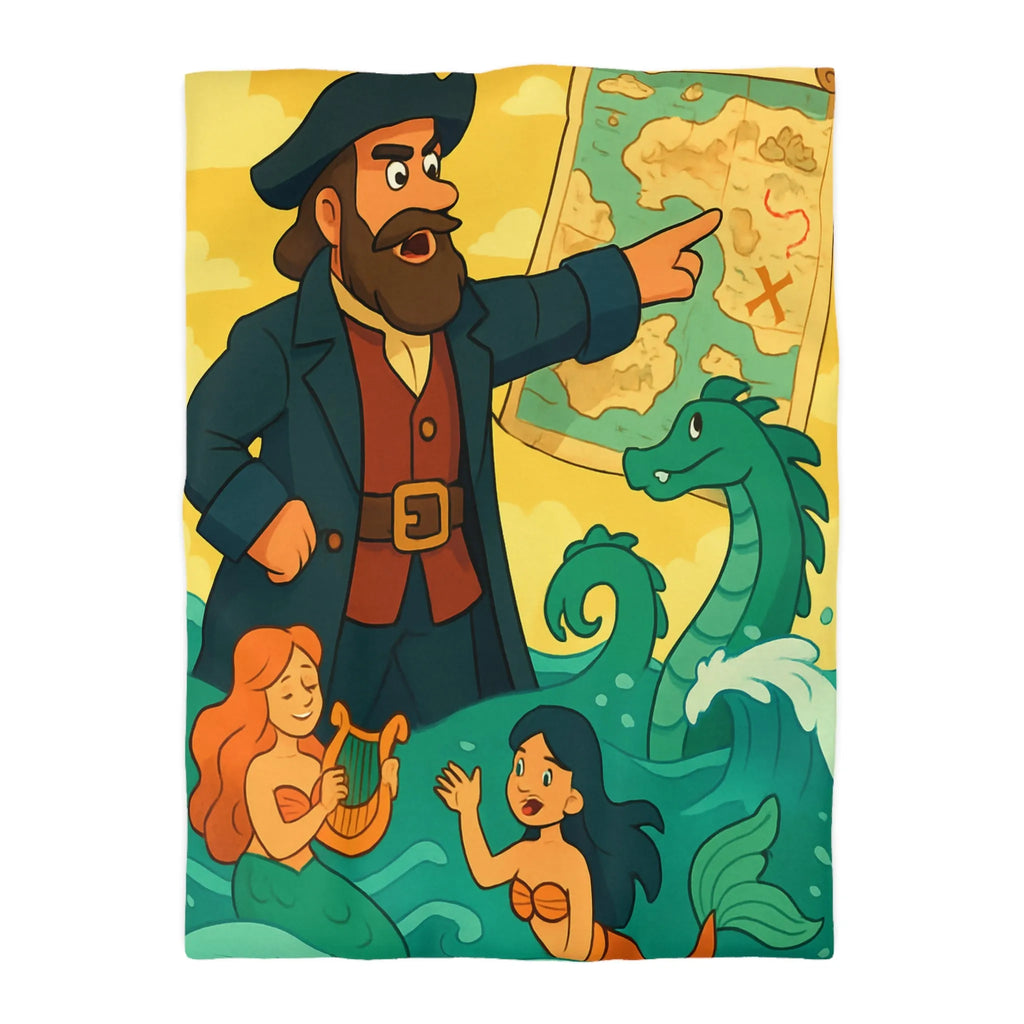 Housse de couette illustrée pirate avec carte, sirènes et monstre marin ludique