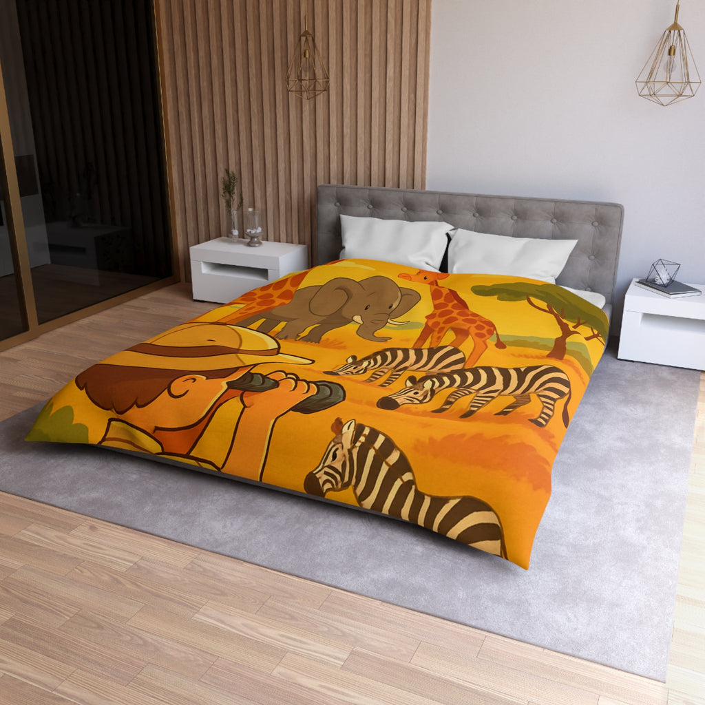 Housse de couette safari enfant avec éléphant, girafes et zèbres dans savane ensoleillée