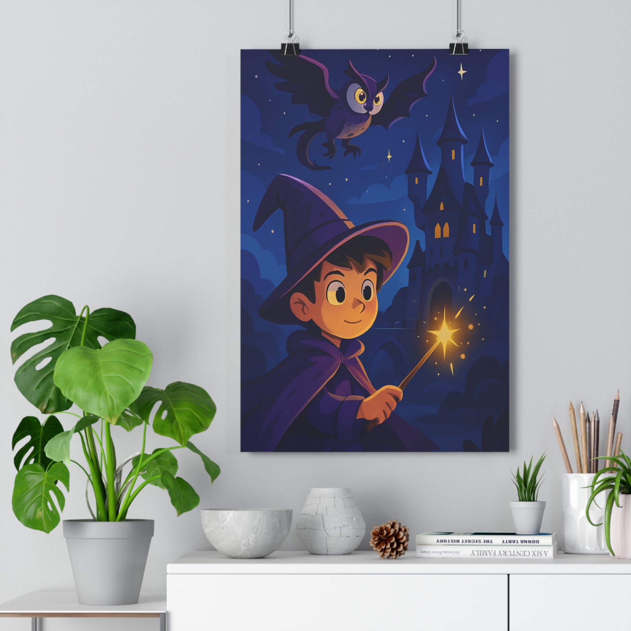 Poster décoratif animé bleu violet mystique sorcier magie enfant chambre hibou château étoilé qualité