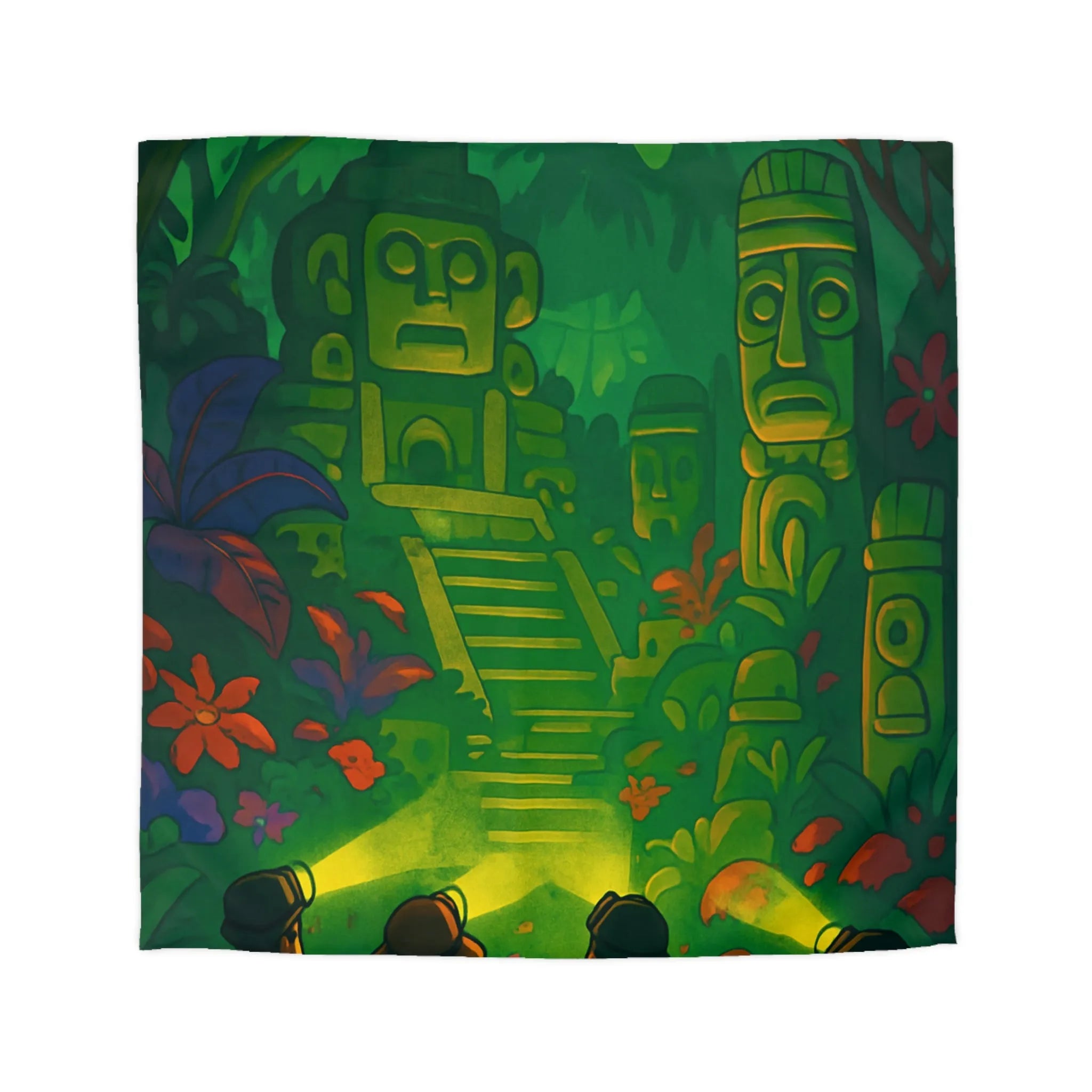 Housse de couette forêt tropicale avec statues anciennes, parfait pour les explorateurs nocturnes